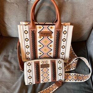 Wrangler Women's Geometric Tote and Wallet - Brown and Cream